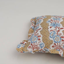 Load image into Gallery viewer, Yellow Blooming Trellis Block Printed Ruffled Cushion Cover
