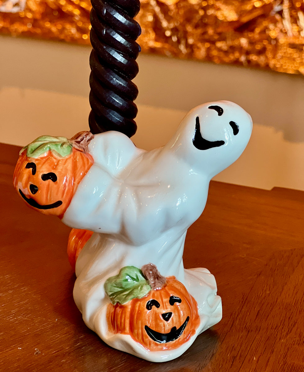 Fitz and Floyd Halloween Ghost Candleholders with Pumpkins Set of 2