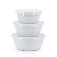 Load image into Gallery viewer, Splatterware Enamel Nesting Bowls With Lids By Golden Rabbit - Set of 3