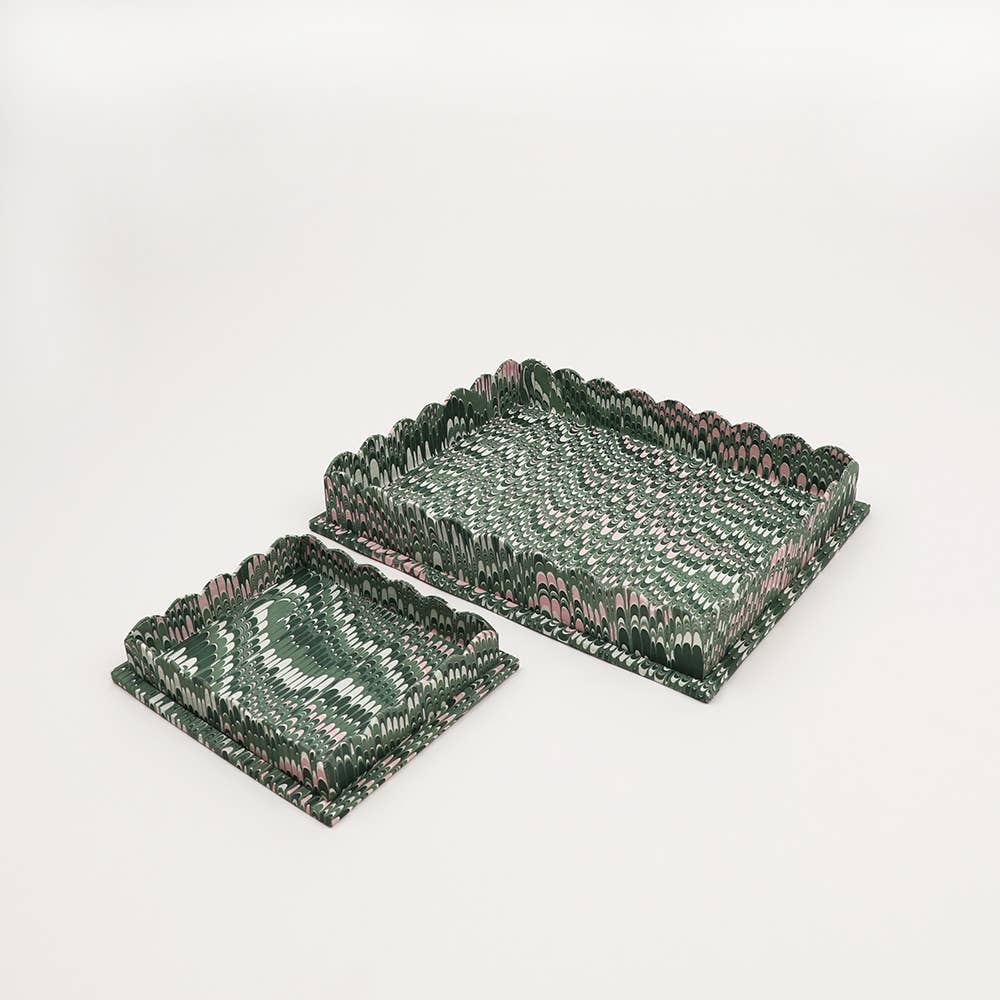 Green Marbled Scalloped Tray Set