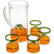 Load image into Gallery viewer, The Wine Savant / Khen Glassware - Palm Tree Pitcher Mexican Glassware Set- 4 Green Rim Glasses