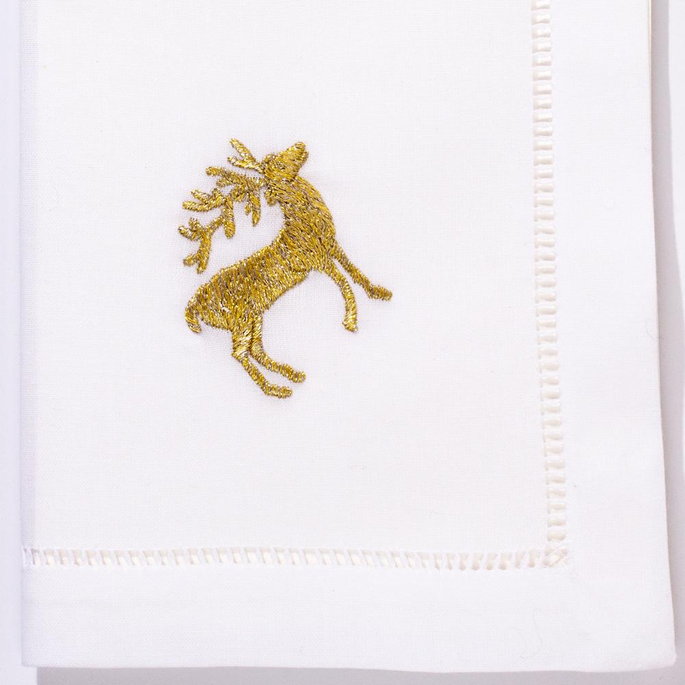 Gold Reindeer Hand Embroidered Classic Hemstitch Dinner Napkin