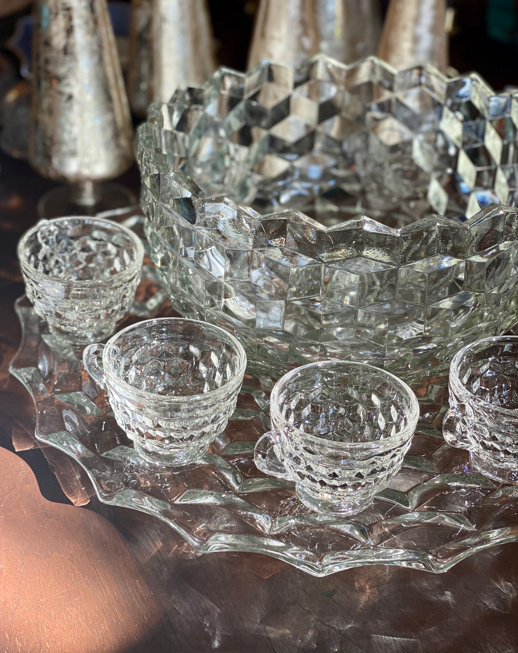 Mosser Glass Faceted Punch Bowl, Tray and Cups