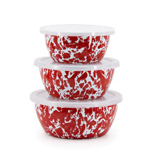 Load image into Gallery viewer, Splatterware Enamel Nesting Bowls With Lids By Golden Rabbit - Set of 3