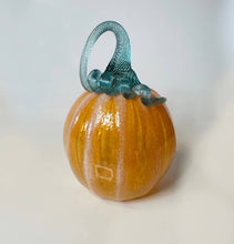 Load image into Gallery viewer, Kim Savoie Glass - Spotted Blown Glass Pumpkin: White And Teal / Teal
