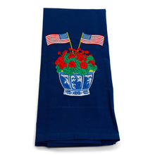 Load image into Gallery viewer, Vibrantly Blue - Towel - Geranium in Planter with American Flags on navy
