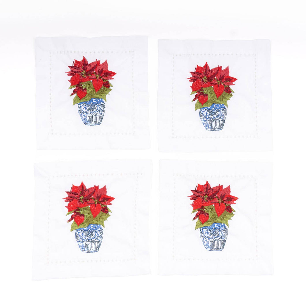 Poinsettias Embroidered Cocktail Napkin - Boxed Set