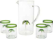 Load image into Gallery viewer, The Wine Savant /  Khen Glassware - Palm Tree Pitcher Mexican Glassware Set- 4 Green Rim Glasses
