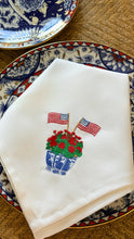 Load image into Gallery viewer, Vibrantly Blue - Embroidered Napkin - Single -Geraniums with American Flags
