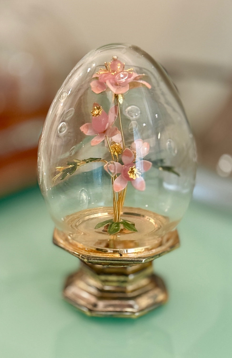 Fleur des Siecles Glass Egg with Pink Enamel Flowers - Vintage Jane Hutcheson for Gorham