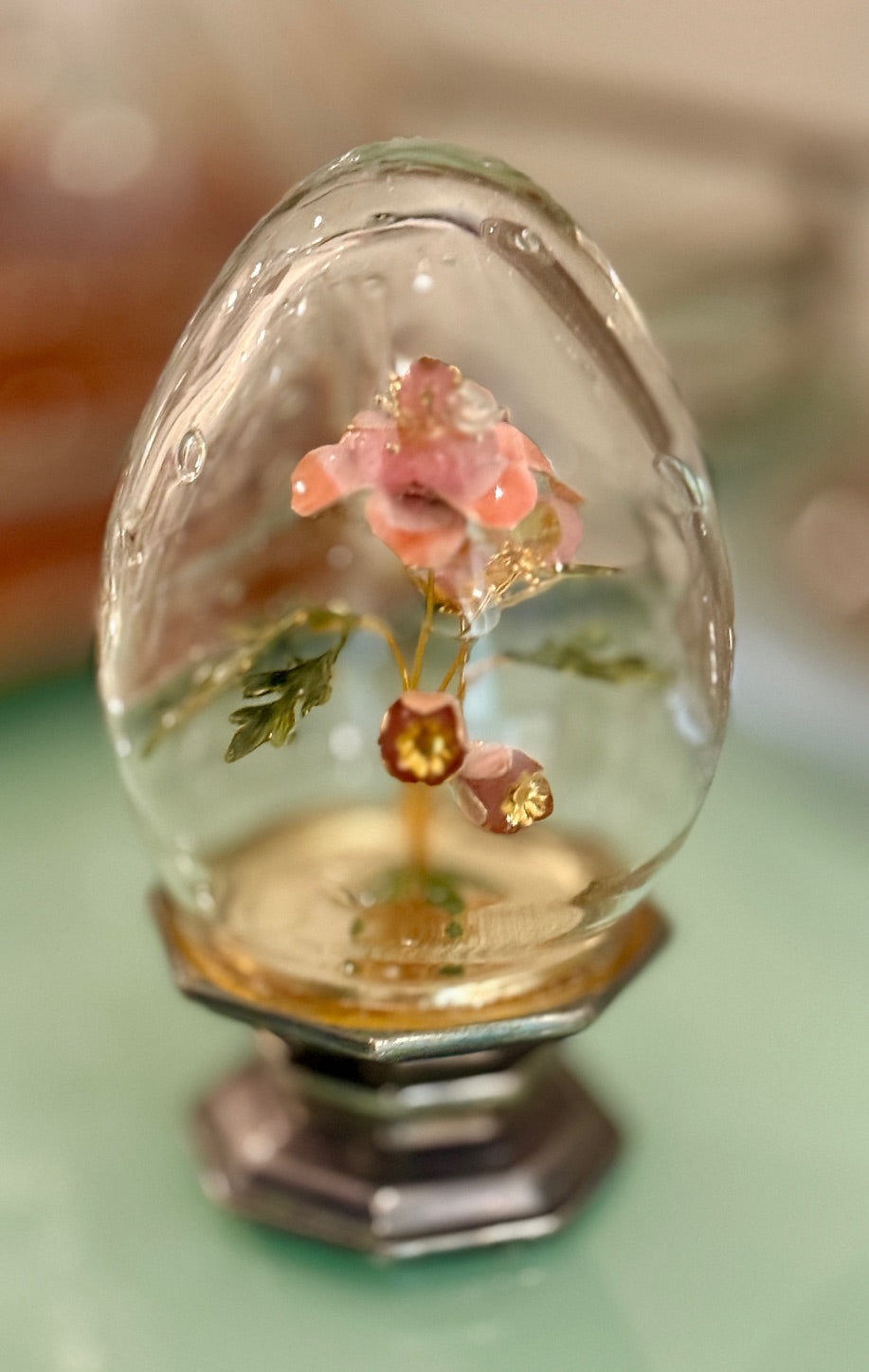 Fleur des Siecles Glass Egg with Pink Enamel Flowers - Vintage Jane Hutcheson for Gorham