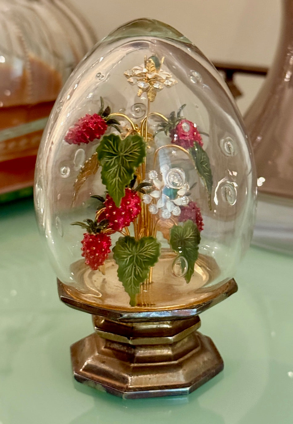 Fleur des Siecles Glass Egg with Enamel Strawberries and Flowers - Vintage Jane Hutcheson for Gorham