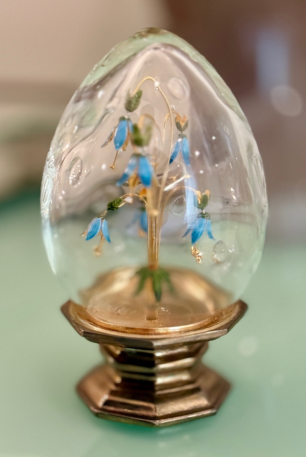 Fleur des Siecles Glass Egg with Aqua Enamel Flowers - Vintage Jane Hutcheson for Gorham