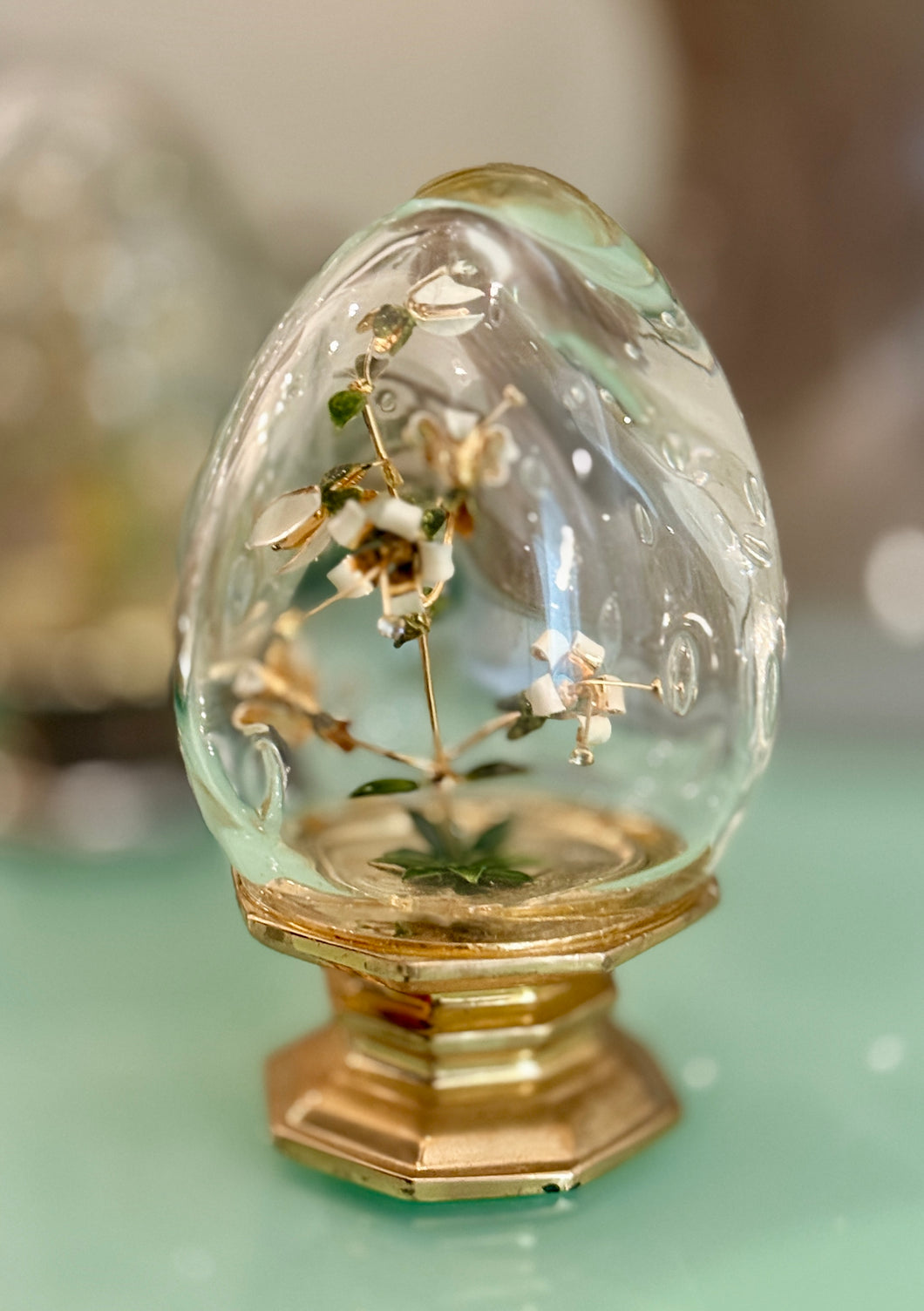 Fleur des Siecles Glass Egg with White Enamel Flowers - Vintage Jane Hutcheson for Gorham