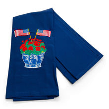 Load image into Gallery viewer, Vibrantly Blue - Towel - Geranium in Planter with American Flags on navy
