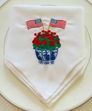 Load image into Gallery viewer, Vibrantly Blue - Embroidered Napkin - Single -Geraniums with American Flags
