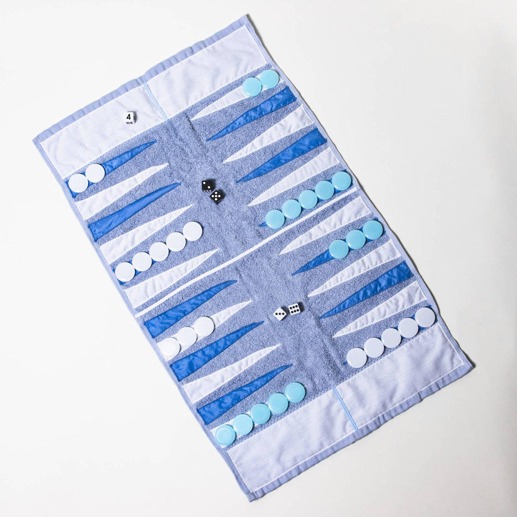 Terry Cloth Light Blue & White Outdoor/Travel Backgammon Set
