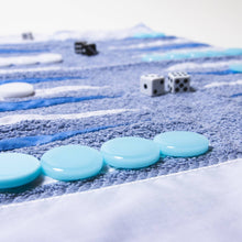 Load image into Gallery viewer, Terry Cloth Light Blue &amp; White Outdoor/Travel Backgammon Set

