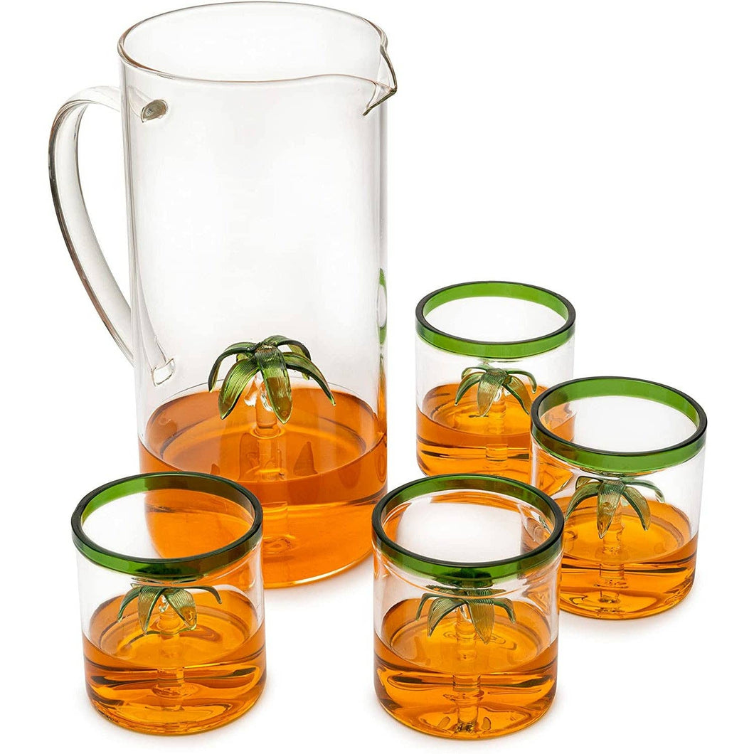 The Wine Savant /  Khen Glassware - Palm Tree Pitcher Mexican Glassware Set- 4 Green Rim Glasses