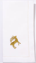 Load image into Gallery viewer, Gold Reindeer Hand Embroidered Classic Hemstitch Dinner Napkin
