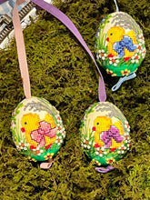 Load image into Gallery viewer, Hand-painted &quot;Embroidered Chicks&quot; Eggs Set of 3
