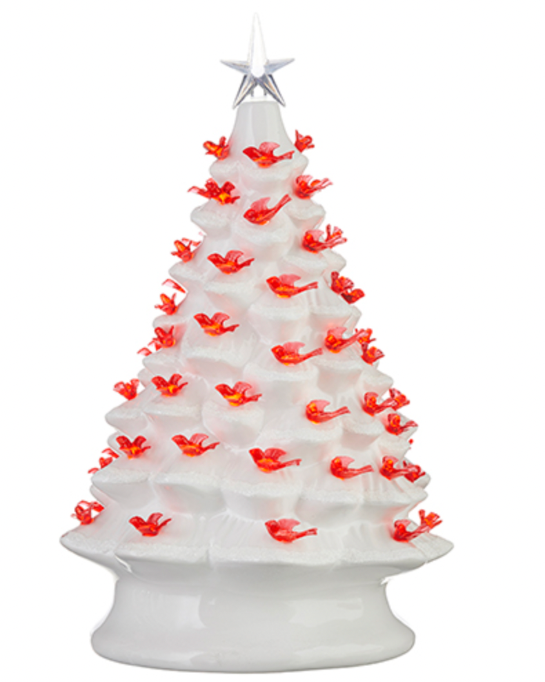 Porcelain Vintage Style White Lighted Tree with Cardinals and Timer