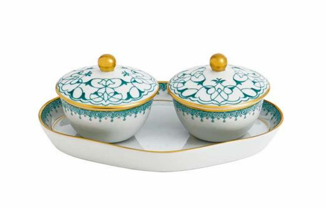 Mottahedeh Lace Green Heirluminare Two Votives W/ Tray- Grapefruit, Vanilla & Pear