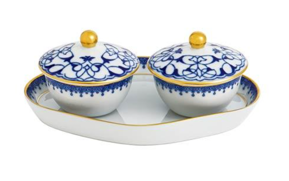 Mottahedeh Lace Cobalt Blue Lace Heirluminare Two Votives W/ Tray- Rose, Ginger & Mandarin Flower