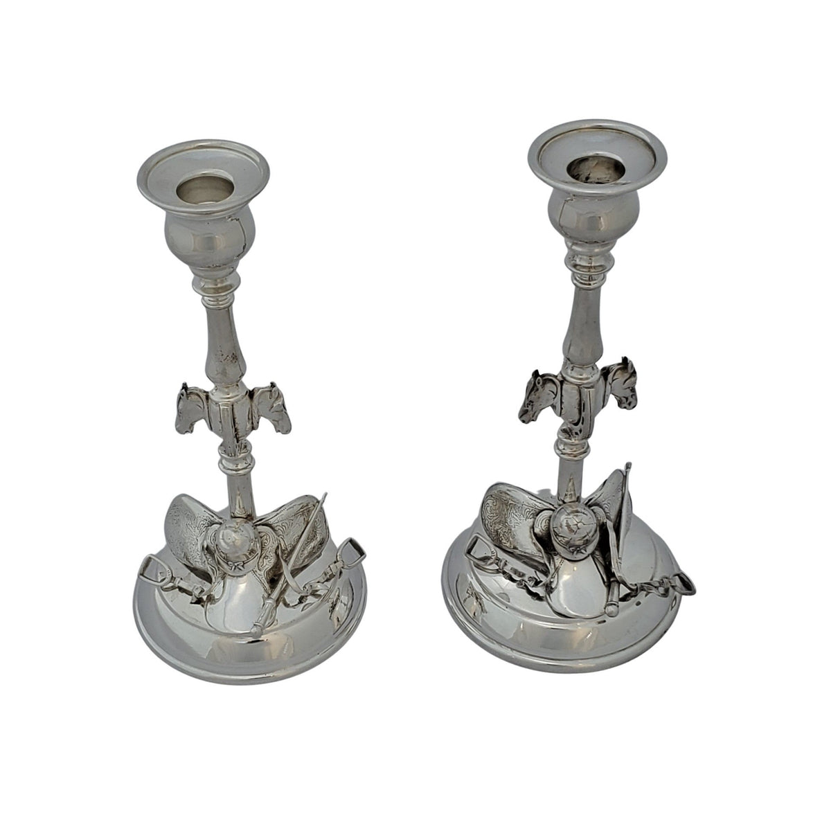 English Jockey Hat & Whip Silver Plated Candlesticks By Corbell Silver