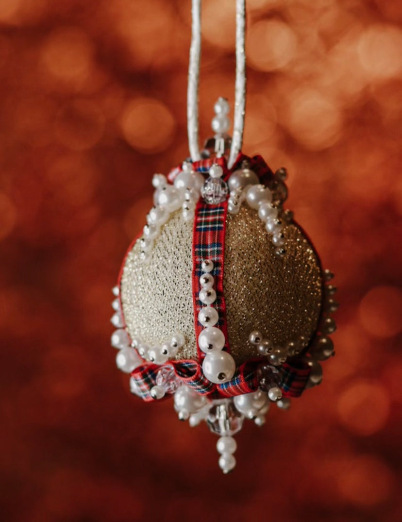 Festive Christmas Tartan and Pearl Vintage Push Pin Ornaments- Set of 13