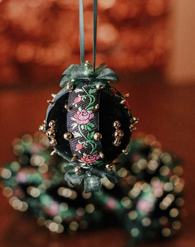 Green Velvet Floral Vintage Push Pin Ornaments - Set of 10