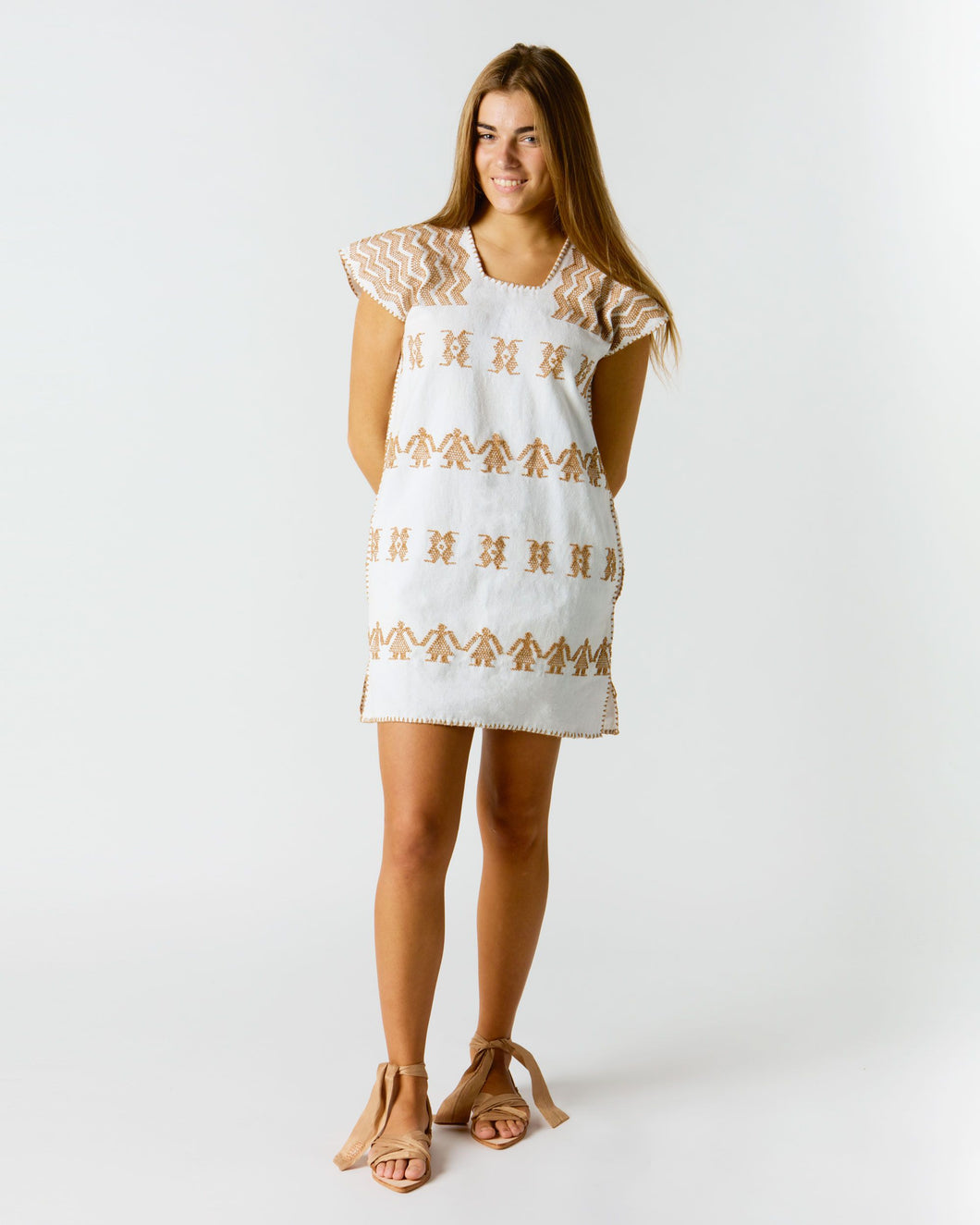 Short Huipil Dress With Belt - Natural on White